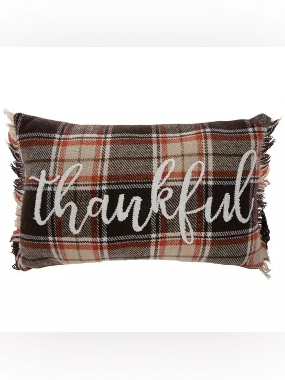 Thankful Plaid Fringe Pillow